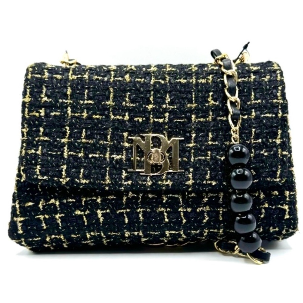 Badgley Mischka NWT Black and Gold Tweed Shoulder Bag